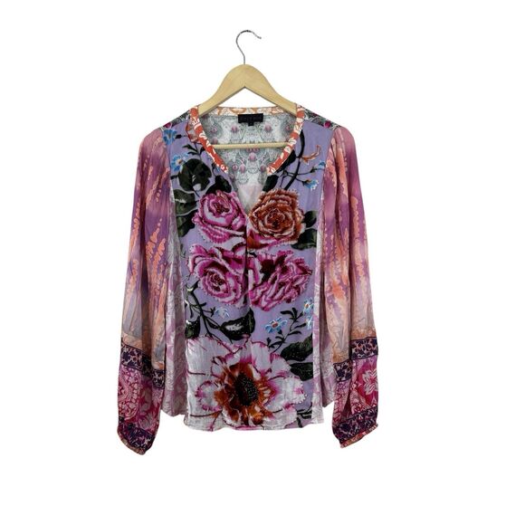 Hale Bob Top Small Blouse Top Bohemian Patchwork Beaded Silk Blend Womens - Picture 1 of 16